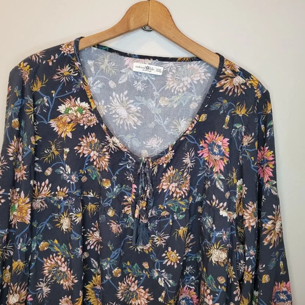 Natural Life Floral Peasant Top 3/4 Sleeves Size XXL Tie Boho Cottagecore - Picture 2 of 9